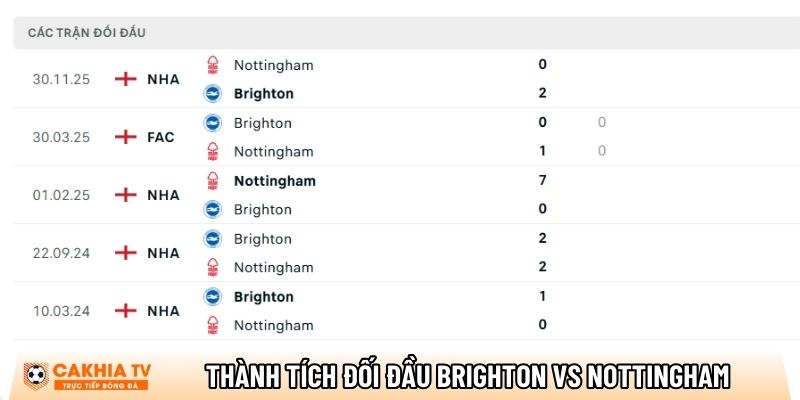 Thành tích so tài giữa Brighton vs Nottingham